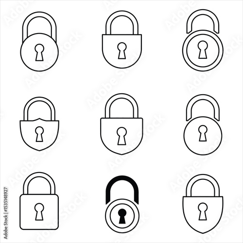 Nine Black Outline Padlock Icons Variations Security Symbols Keyhole Shapes Designs vector Vector Illustration for Design, Business, and Stock Platforms