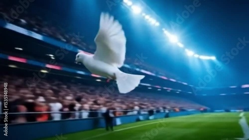 white Dove flying symbolizing the Holy Spirit, stadium background