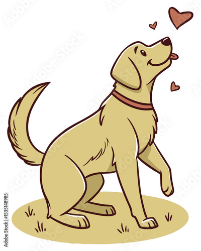 A golden retriever with a red collar sitting on the grass looking up with its tongue out, surrounded by hearts on a white background