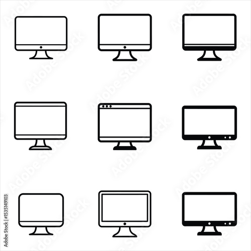 Nine Black Outline Computer Monitor Icons on White Background Various Styles Simple Desktop Screen Display Set Vector Illustration for Design, Business, and Stock Platforms