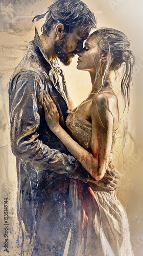A passionate couple covered in mud and dirt share an intimate embrace in a dramatic scene.