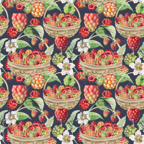 Raspberry with leaves in weaved basket, hand drawn in watercolor. Scattered ripe picked forest garden berry harvest. Seamless pattern isolated on dark. Home preserves, textile linens, food packaging