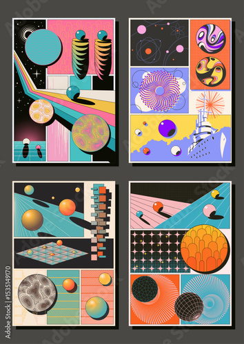 Abstract Geometric Posters 3D Effect Shapes, Perspectives and Dimensions. 1980s Colors Combinations