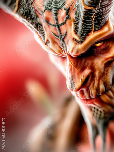 An intense close-up portrait of a menacing demon with glowing eyes.