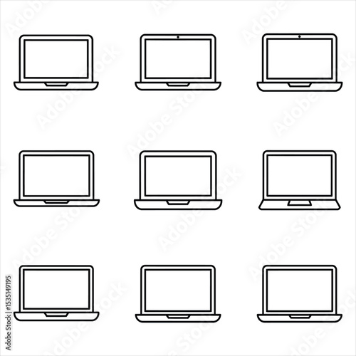 Nine simple black line art laptop computer icons on white background various sizes vector Vector Illustration for Design, Business, and Stock Platforms
