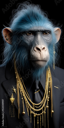 A surreal portrait of an ape with blue fur wearing a suit and gold jewelry.