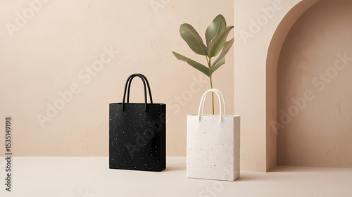 Minimalist photo of black and white tote bags with speckled patterns, placed against a beige wall with an arch detail.