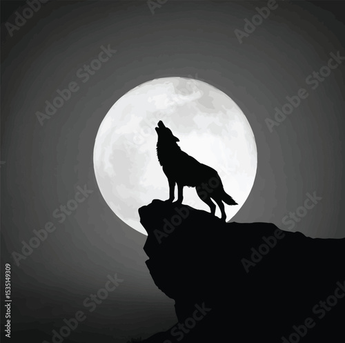 Wolf Howling at the Full Moon – Bold Cliff Silhouette Vector Illustration Artwork