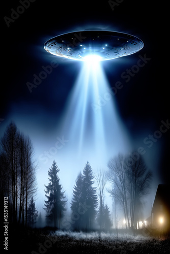 A flying saucer with a bright beam of light hovering over a foggy forest at night.