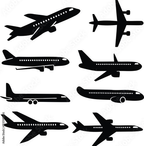 Airplane silhouette set – vector collection of passenger aircraft icons in various flight poses