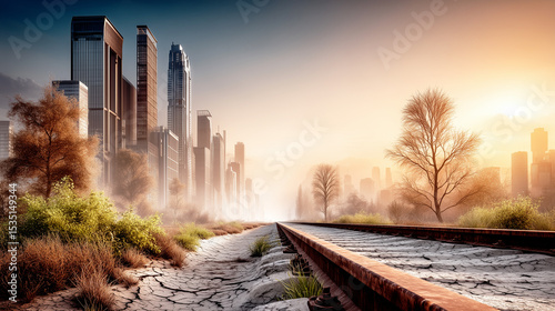 An old railway track on cracked, dry earth leads towards a modern city skyline at sunrise.