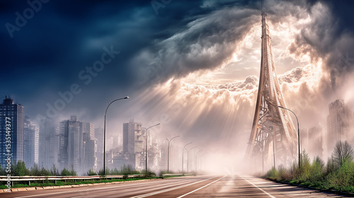 A deserted highway leading towards a ruined city and an ornate landmark tower under dramatic skies.