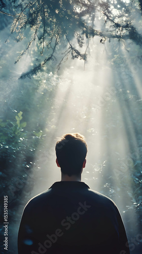 A person stands with their back to the camera, gazing into a forest illuminated by beams of sunlight filtering through the trees.