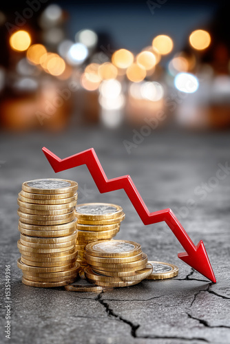 A declining red graph arrow over stacks of coins symbolizing a financial recession.