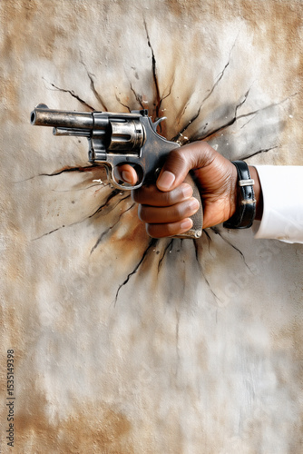 The hand of a Black man holding a revolver punching through a cracked wall.