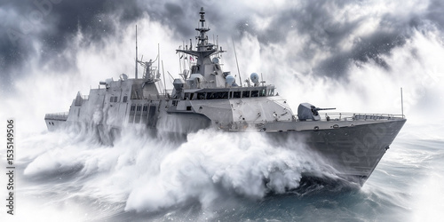 A modern naval warship sailing at speed through choppy seas and spray.