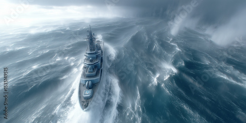 A naval warship battles for survival against giant waves in a violent hurricane at sea.