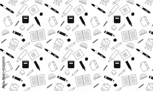 elementary school stationary icon doodle hand drawing seamless pattern monochrome.