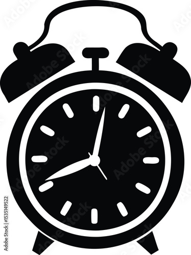 Alarm clock vector silhouette – twin bell timepiece icon with clock face and black outline