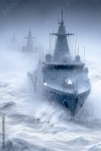 A naval warship leads a fleet through a blizzard and heavy seas.