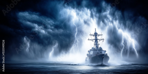 A military warship sails through an epic lightning storm at sea.