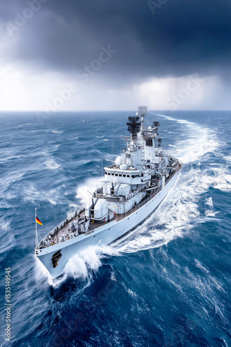 A German navy warship sailing at speed on the open ocean under a stormy sky.