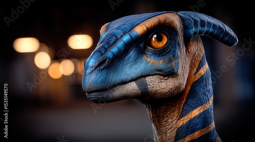 A realistic close-up portrait of a blue and orange dinosaur-like creature with a head crest.