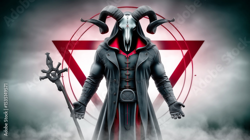 A dark fantasy sorcerer with a ram skull for a head holding a magical staff in front of a red symbol.