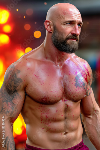 An intense portrait of a muscular bald man with a beard, splattered with red paint against a fiery background.