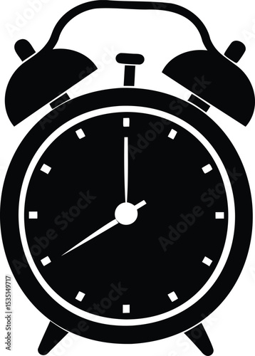 Classic alarm clock icon – vector silhouette of traditional timepiece with twin bells and hands