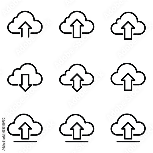 Nine Black Cloud Upload Download Icons Set White Background Simple Line Art Graphic Design Elements vector Vector Illustration for Design, Business, and Stock Platforms