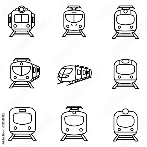 Nine Black Outline Train Icons on White Background Different Train Designs Front View Simple Line Art Transportation Graphics Vector Illustration for Design, Business, and Stock Platforms