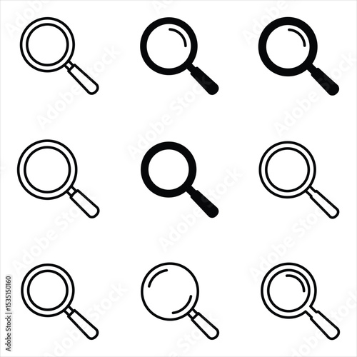 Nine Magnifying Glass Icons Black and White Line Art Search Symbols Web Interface Elements vector Vector Illustration for Design, Business, and Stock Platforms