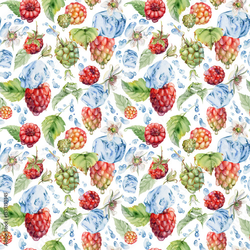 Raspberry leaves, dew drops, ice cubes, water splash hand drawn in watercolor. Ripe summer forest garden berry loganberry. Isolated seamless pattern tile. Home preserves, stationery, menu, recipe book