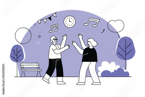 Illustrative vector graphic depicting global senior citizenhood themes