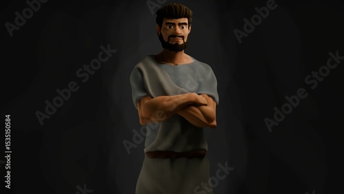 3D render of a bearded man in ancient attire.