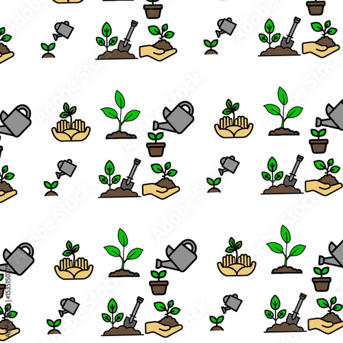Watering can vector icon with flowing water stream and pile of earth and tools for digging, graphic illustration. background. Seamless pattern. Organic leaves cartoon background, simple nature shapes 