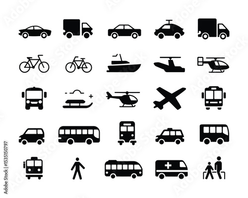 Black Transportation Vector Icon Set – 36 Flat Mobility Silhouettes for Apps & Infographics.