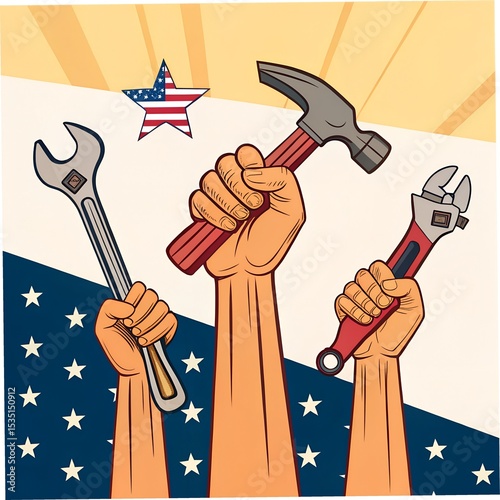 Labor Day Poster – Hands Holding Construction Tools | Flat Vector Illustration Design

