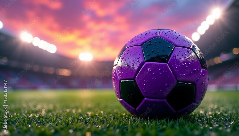 Fototapeta premium Purple soccer ball rests on wet grass under vibrant sunset in a stadium during a match