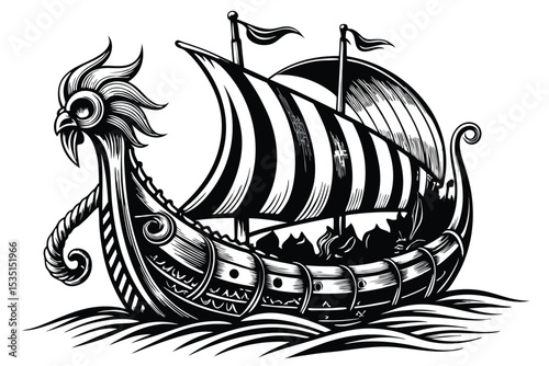 Detailed black and white illustration of a viking ship sailing on the ocean waves