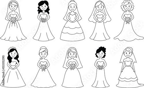 Set of line art bride illustrations in various wedding dresses and hairstyles