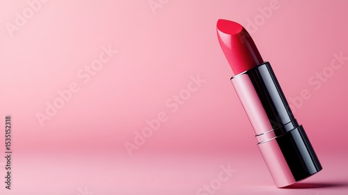 A striking red lipstick captured against a soft pink backdrop, emphasizing its sleek design and rich color, perfect for beauty and cosmetics enthusiasts.