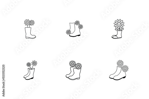 Whimsical rain boots planter with daisy flowers vector art illustration