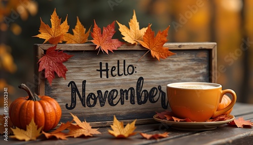 Hello November with Coffee and Autumn Leaves