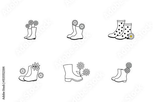 Minimalist rubber boots with blooming daisies vector art illustration