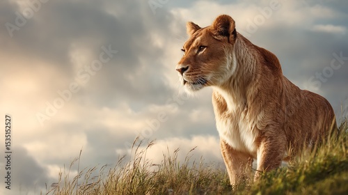 Powerful lioness poised on a grassy slope beneath a vibrant cloudy sky, surrounded by soft natural light.