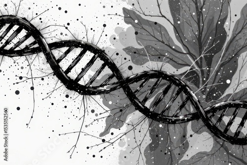 monochrome ink style dna strand with hand drawn texture, minimalist scientific concept