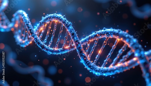 three dna helices interwoven into one structure, glowing with blue aura, floating in 3d space