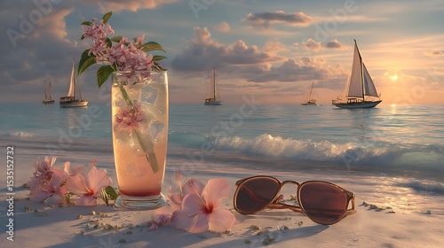 Richly colored beach sunset, photorealistic tropical beverage with floral garnish, sailboats catching the final light, sunglasses in the foreground.